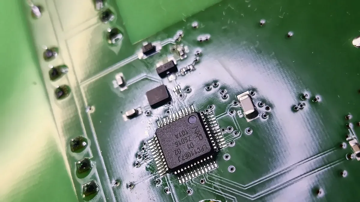 SMD-Bauteile auf einer Platine unter dem Mikroskop